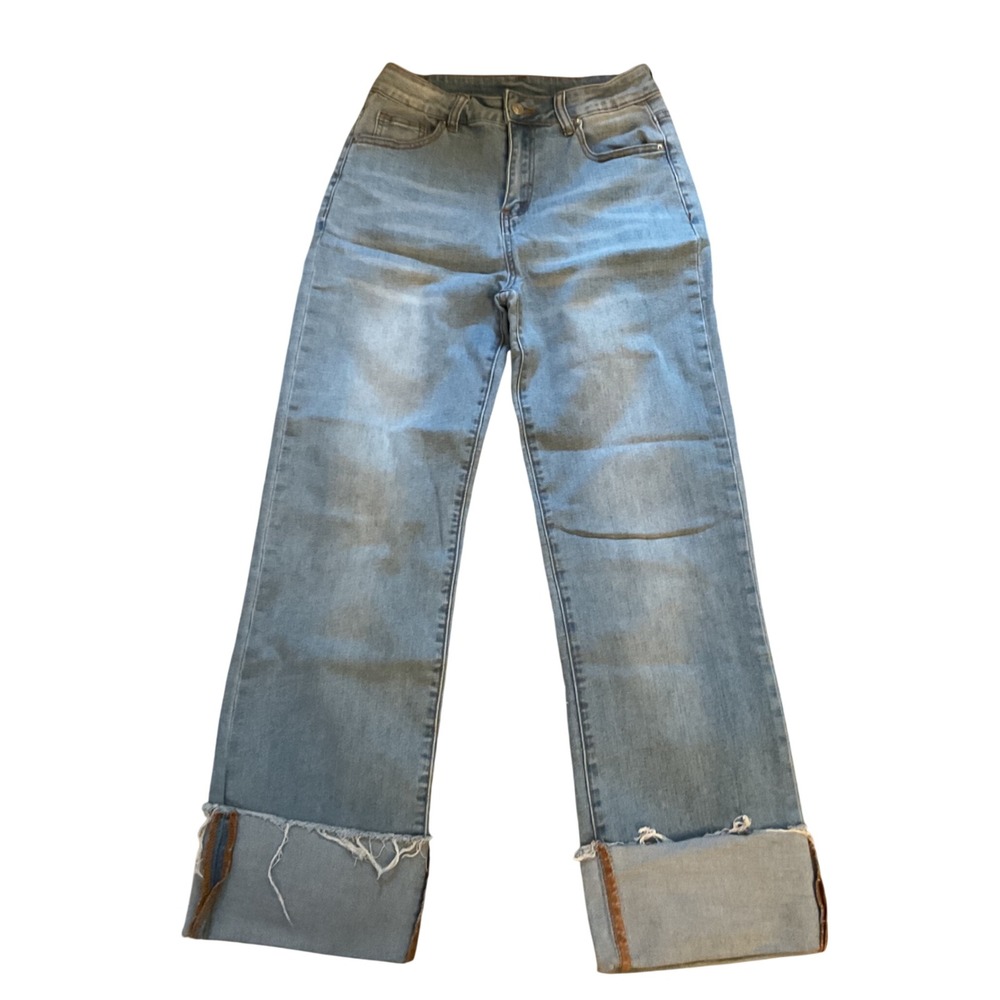 Kunmi Women Light Wash High Waisted Straight Leg Cuffed Raw Hem Jeans Size 6